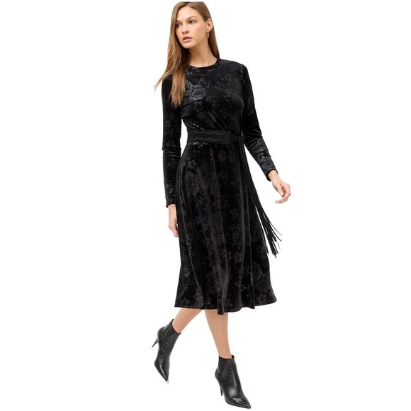 Johnny Was Embossed Stretch Velvet Black Tunic Flowers Long Shirt Floral Top NEW - Picture 9 of 9